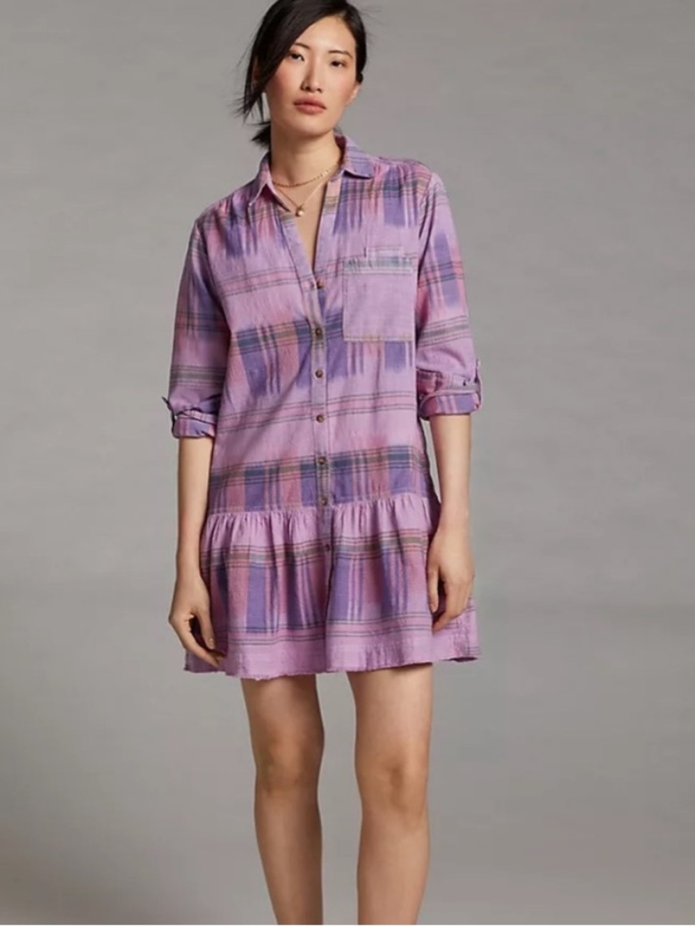 Pilcro Anthropologie Lavender Purple Pink Plaid Long Sleeve Midi Shirt Dress
